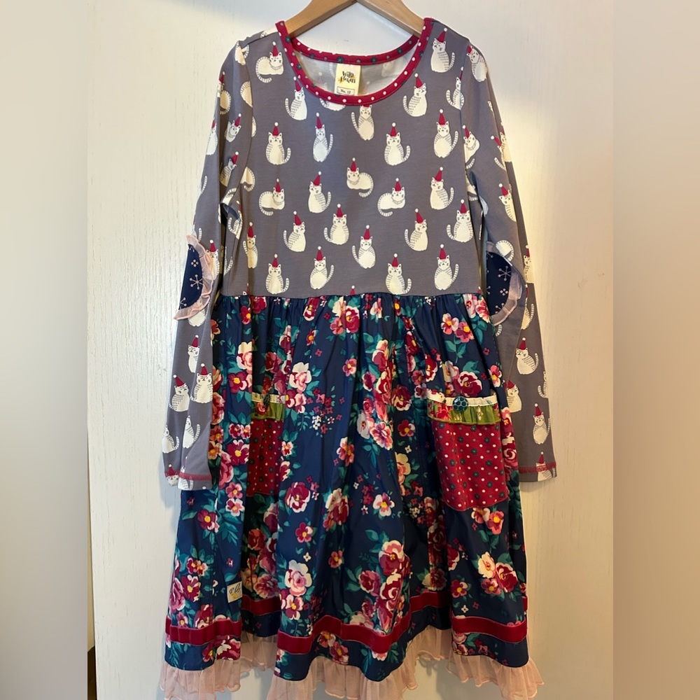 Wildflowers Clothing Girl's Christmas Cat Dress - Size 12 New With Tags!! MJC
